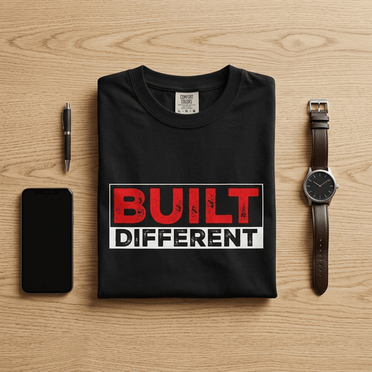 Black t-shirt with 'BUILT DIFFERENT' design on a wooden surface with phone, pen, and watch.