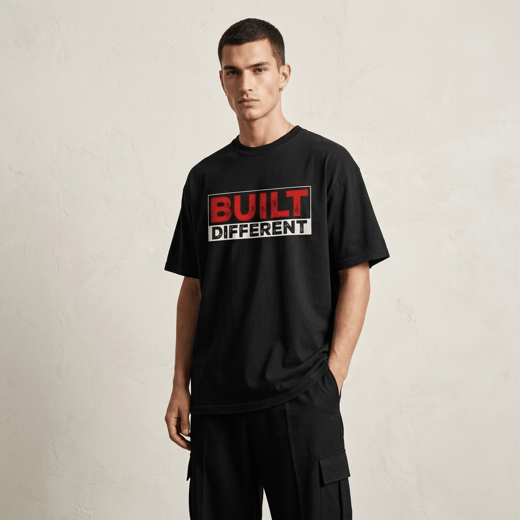 Man wearing a black t-shirt with 'BUILT DIFFERENT' text on a beige background