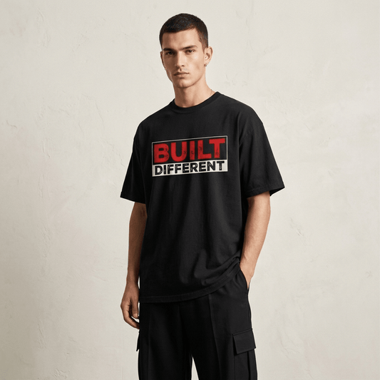 Man wearing a black t-shirt with 'BUILT DIFFERENT' text on a beige background